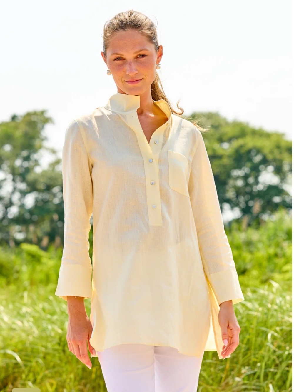 Sara Campbell The Daniella Long Linen Tunic Top Light Blue Stripe Sz Medium Chic - Picture 2 of 12